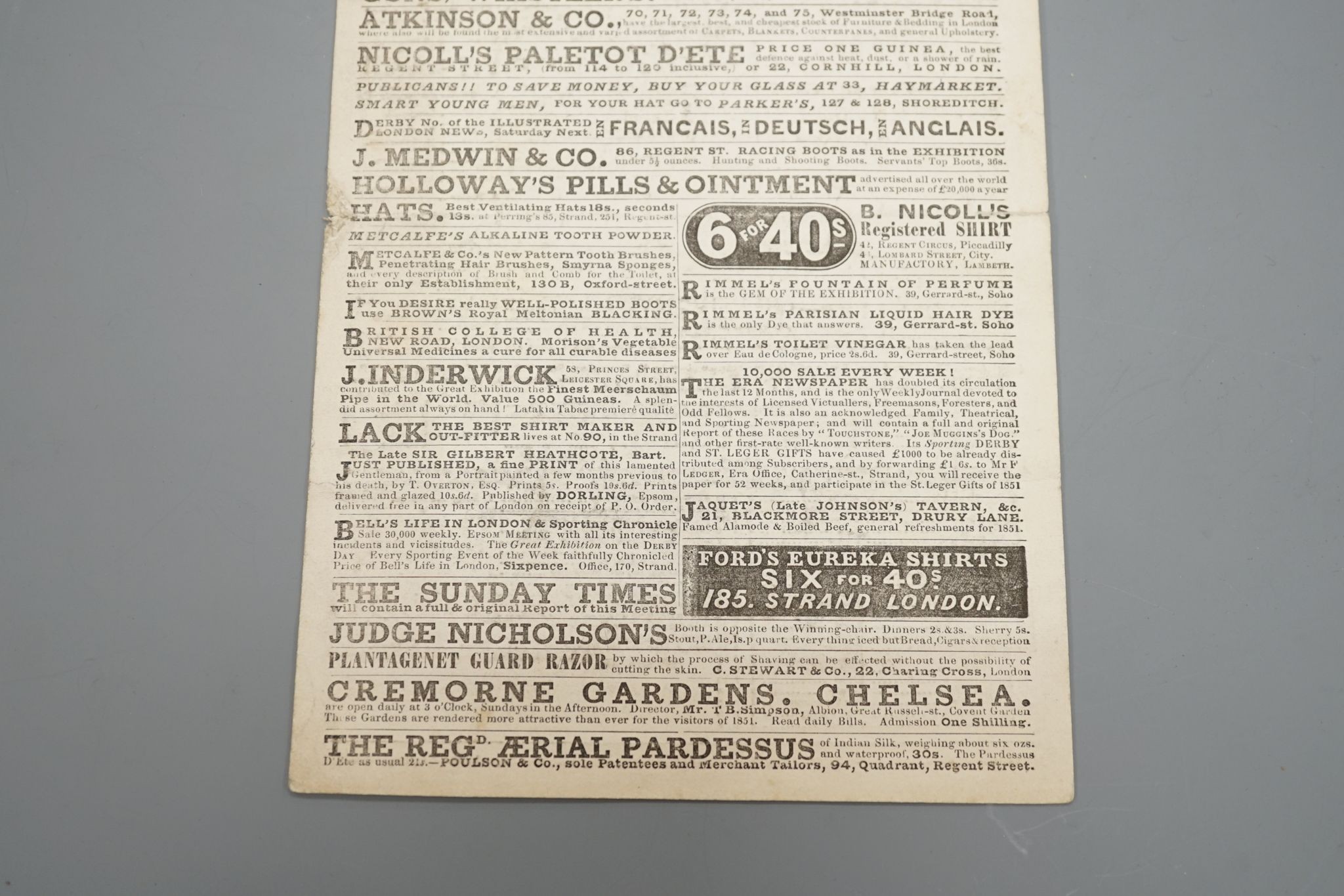 Dorling’s list of Epsom Races, 1851, Race card dated Friday 23rd May 1851